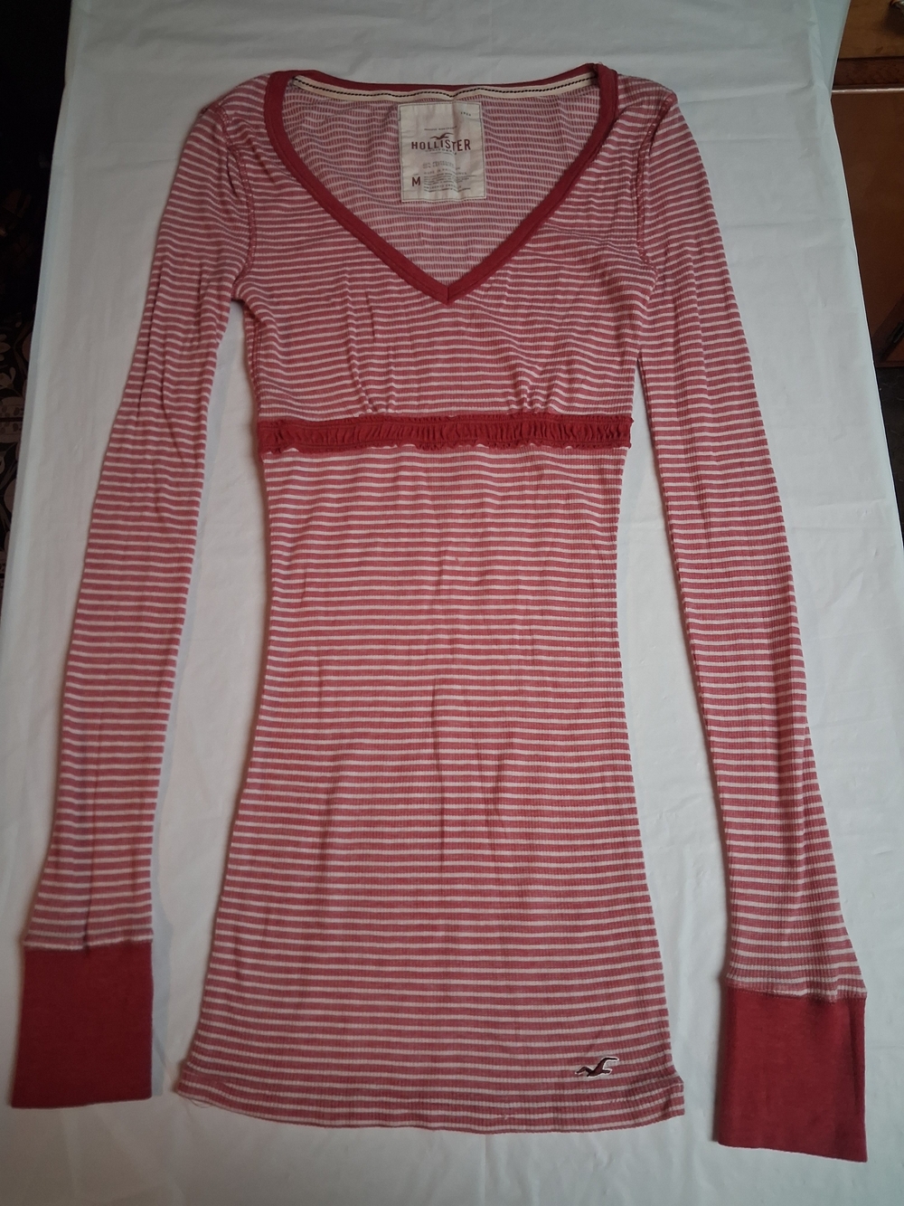 Hollister Pink Stripe V-Neck Long Sleeve Top